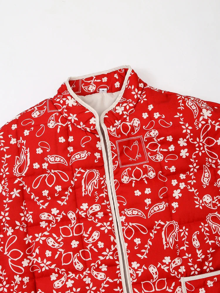 Jackets- Mandarin Collar Eclectic Flower Print Shacket Solid Trim- - IndioGear.com