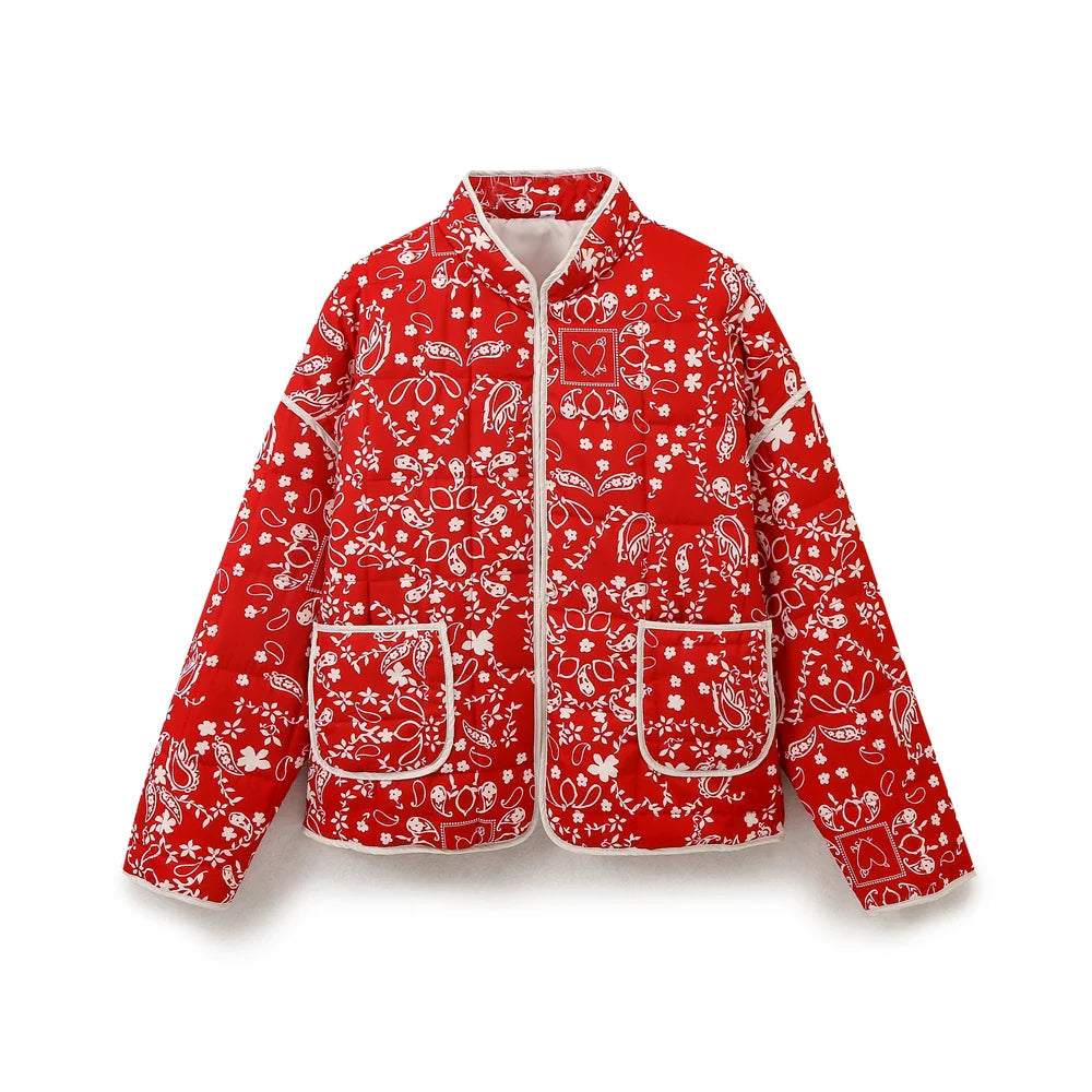 Jackets- Mandarin Collar Eclectic Flower Print Shacket Solid Trim- - IndioGear.com