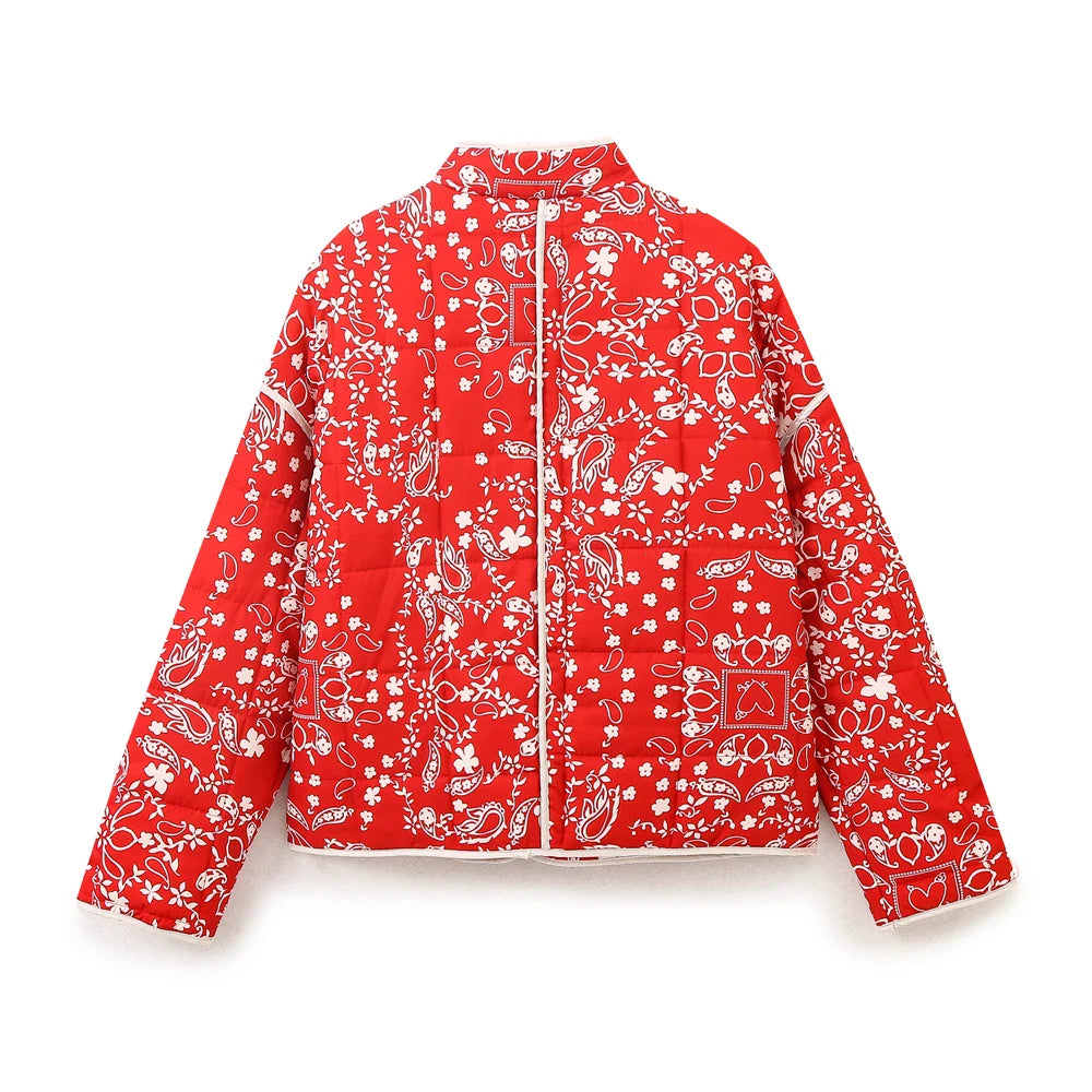 Jackets- Mandarin Collar Eclectic Flower Print Shacket Solid Trim- - IndioGear.com