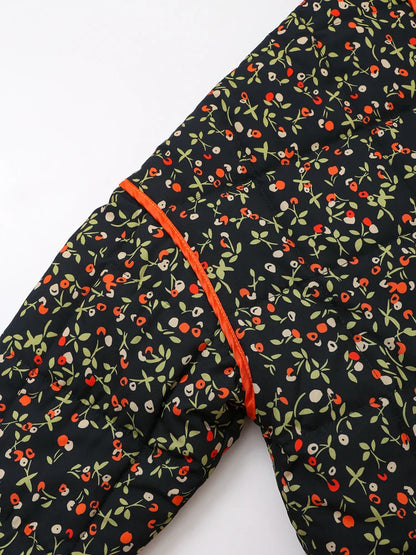 Jackets- Mandarin Collar Eclectic Flower Print Shacket Solid Trim- - IndioGear.com