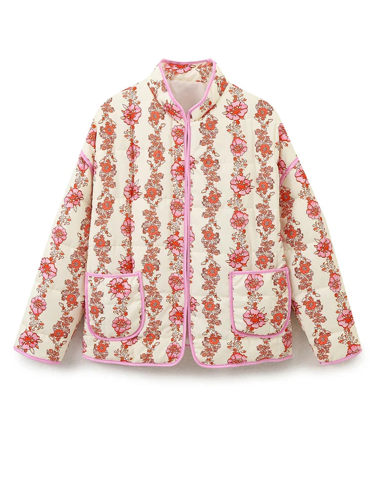 Jackets- Mandarin Collar Eclectic Flower Print Shacket Solid Trim- Ivory- IndioGear.com