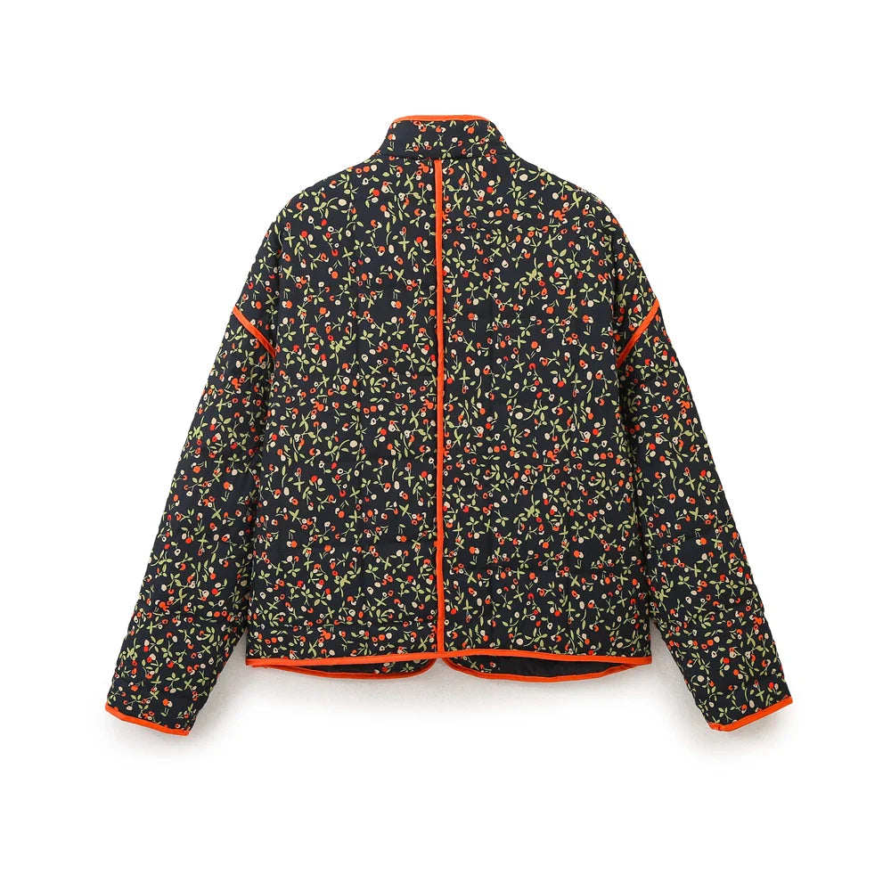 Jackets- Mandarin Collar Eclectic Flower Print Shacket Solid Trim- - IndioGear.com