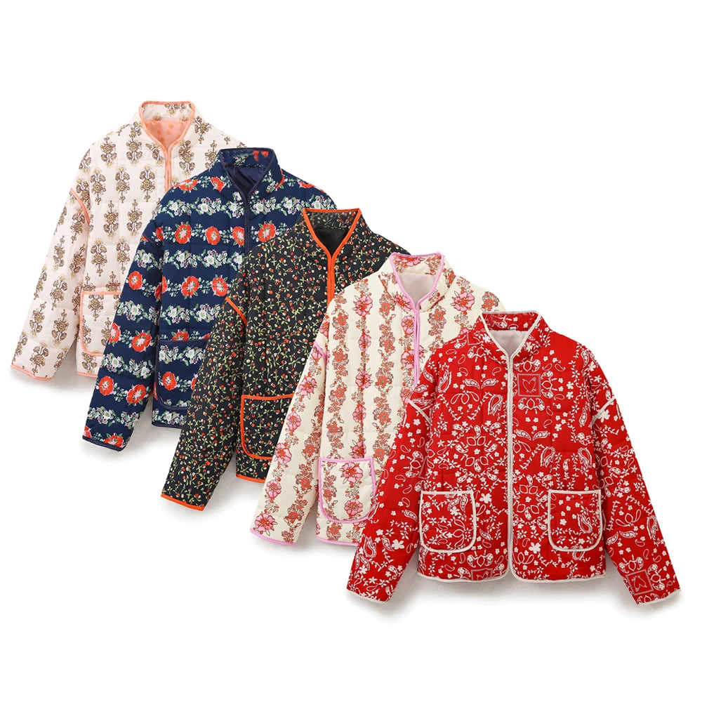 Jackets- Mandarin Collar Eclectic Flower Print Shacket Solid Trim- - IndioGear.com