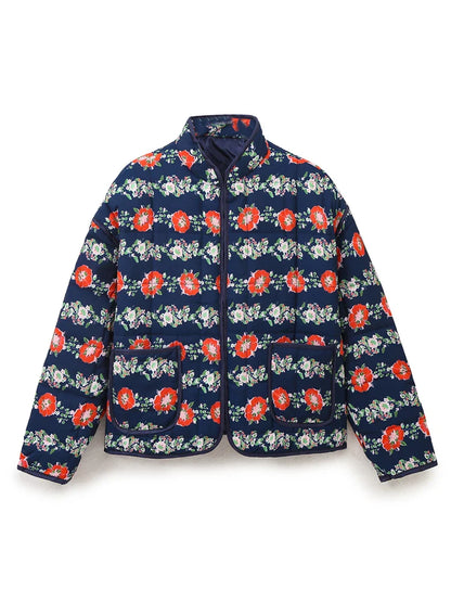 Jackets- Mandarin Collar Eclectic Flower Print Shacket Solid Trim- Navy Blue- IndioGear.com