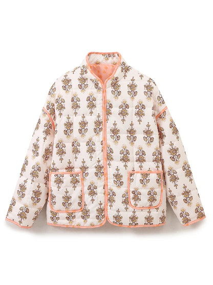 Jackets- Mandarin Collar Eclectic Flower Print Shacket Solid Trim- Beige- IndioGear.com