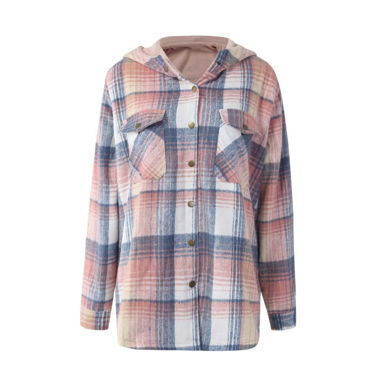 Women Coats and Jackets- Snap-Up Plaid Shacket with Warm Lining- - IndioGear.com