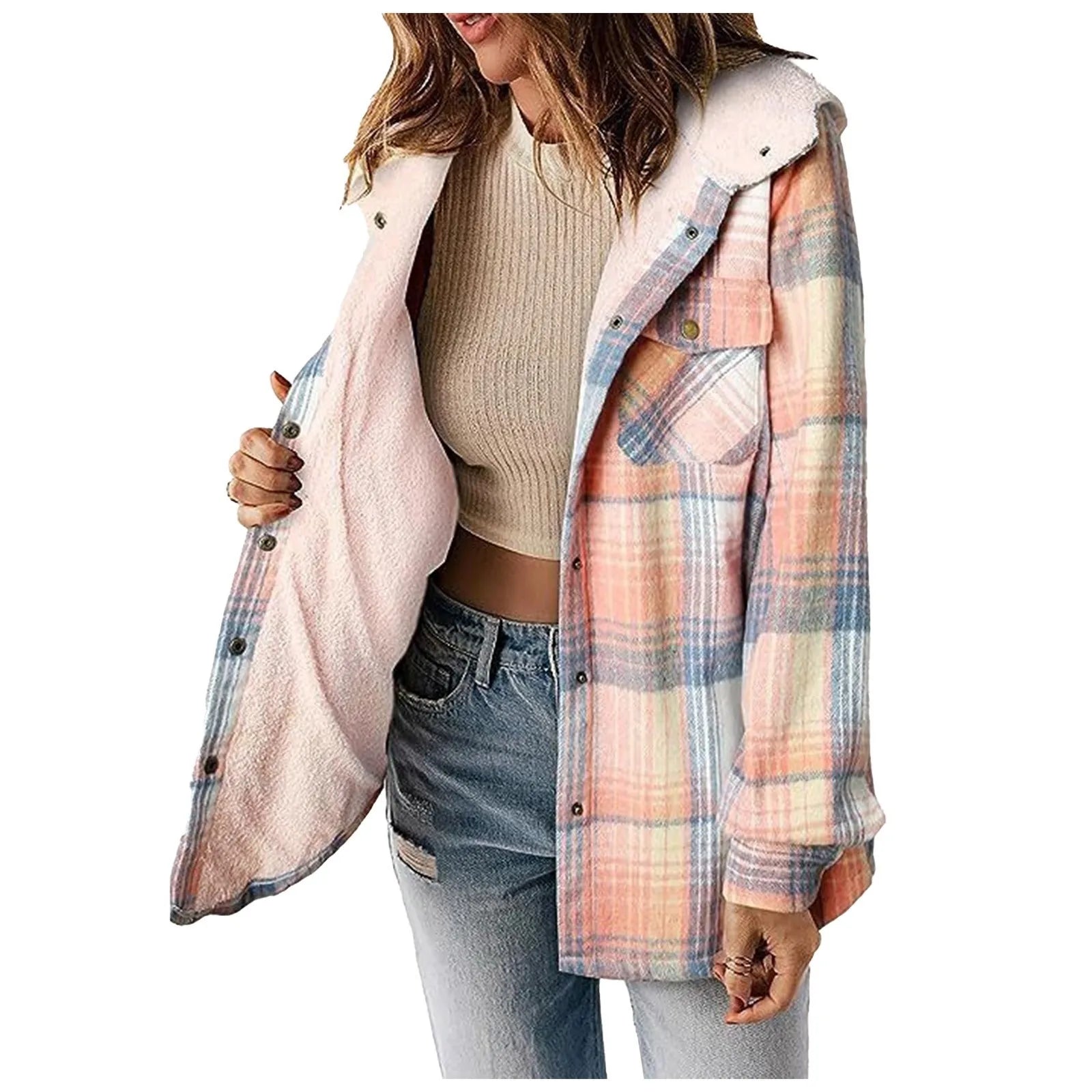 Women Coats and Jackets- Snap-Up Plaid Shacket with Warm Lining- Plaid- IndioGear.com