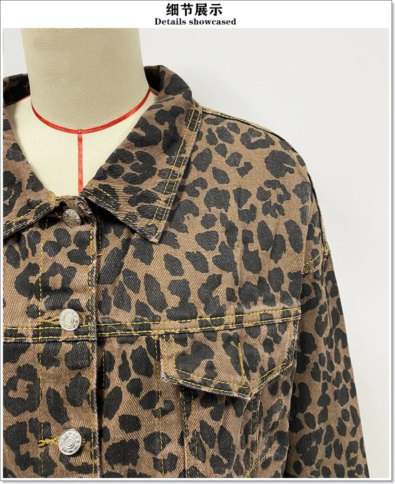 Women Coats and Jackets- Trendy Leopard Casual Denim Coat- - IndioGear.com