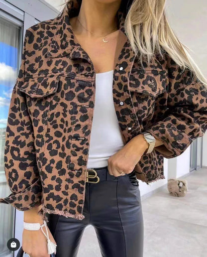 Women Coats and Jackets- Trendy Leopard Casual Denim Coat- - IndioGear.com