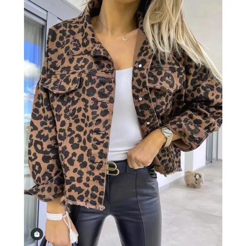 Women Coats and Jackets- Trendy Leopard Casual Denim Coat- - IndioGear.com