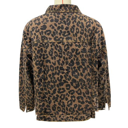 Women Coats and Jackets- Trendy Leopard Casual Denim Coat- - IndioGear.com