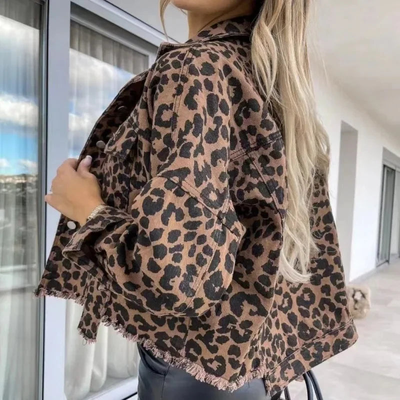 Women Coats and Jackets- Trendy Leopard Casual Denim Coat- - IndioGear.com