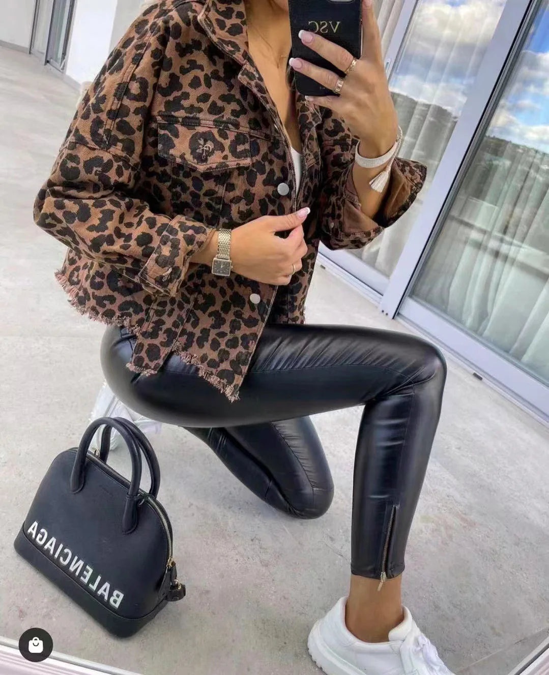 Women Coats and Jackets- Trendy Leopard Casual Denim Coat- - IndioGear.com