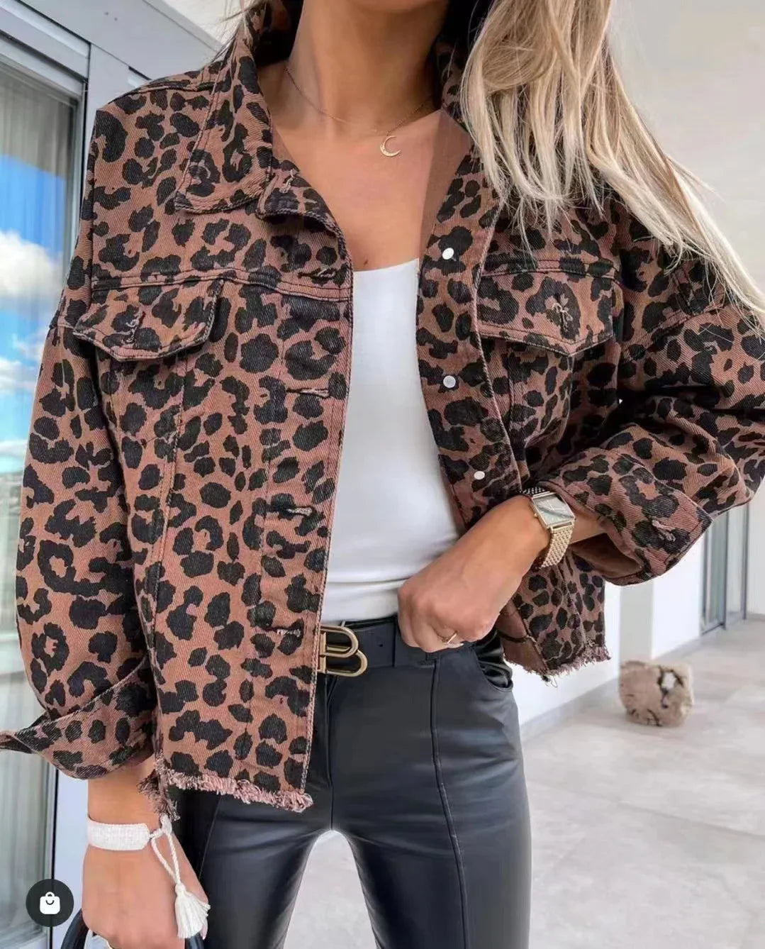 Women Coats and Jackets- Trendy Leopard Casual Denim Coat- Animal Print- IndioGear.com