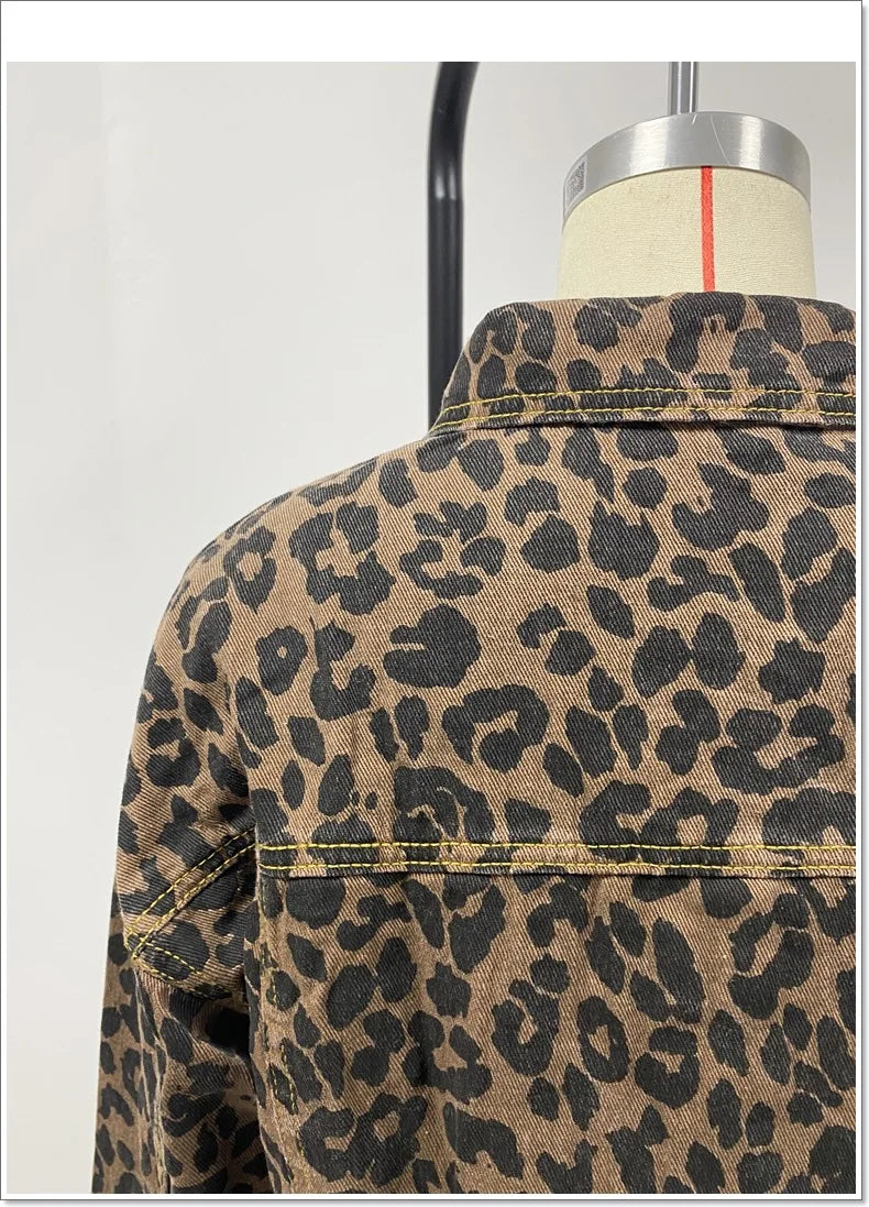 Women Coats and Jackets- Trendy Leopard Casual Denim Coat- - IndioGear.com