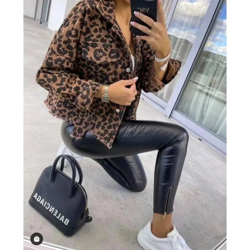 Women Coats and Jackets- Trendy Leopard Casual Denim Coat- - IndioGear.com