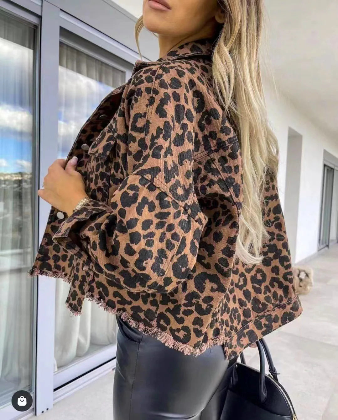 Women Coats and Jackets- Trendy Leopard Casual Denim Coat- - IndioGear.com