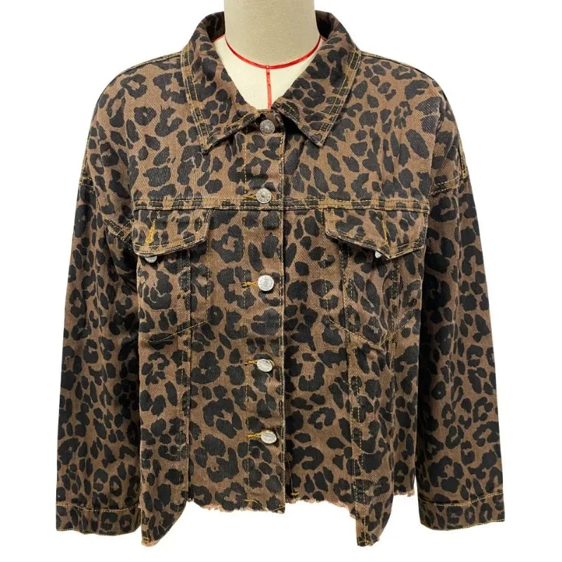 Women Coats and Jackets- Trendy Leopard Casual Denim Coat- - IndioGear.com