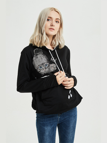 Women Hoodies- Purr-fectly Cute Cat-Themed Hoodie with Ears- Black- IndioGear.com