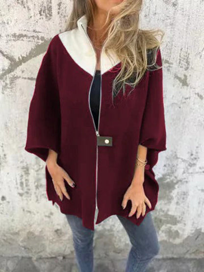 Women Jackets- Kimono Sleeve Fleece Cape Zip-Up Jacket- Wine Red- IndioGear Women Clothing