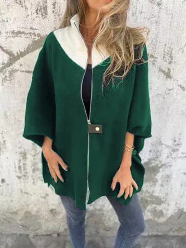 Women Jackets- Kimono Sleeve Fleece Cape Zip-Up Jacket- Green- IndioGear Women Clothing