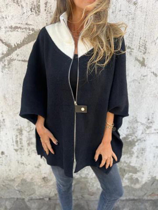 Women Jackets- Kimono Sleeve Fleece Cape Zip-Up Jacket- - IndioGear Women Clothing