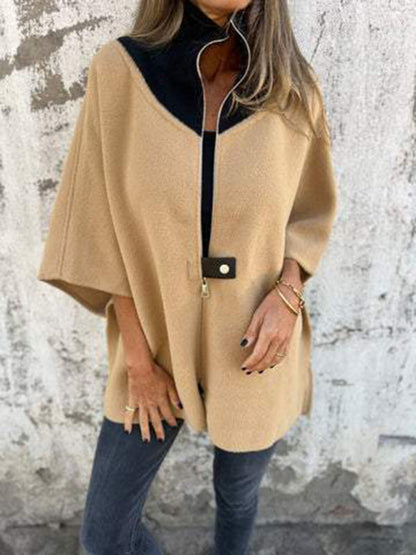 Women Jackets- Kimono Sleeve Fleece Cape Zip-Up Jacket- Khaki- IndioGear Women Clothing