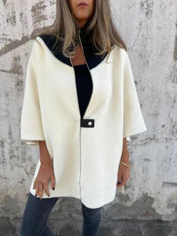 Women Jackets- Kimono Sleeve Fleece Cape Zip-Up Jacket- White- IndioGear Women Clothing