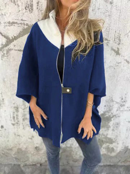 Women Jackets- Kimono Sleeve Fleece Cape Zip-Up Jacket- Blue- IndioGear Women Clothing