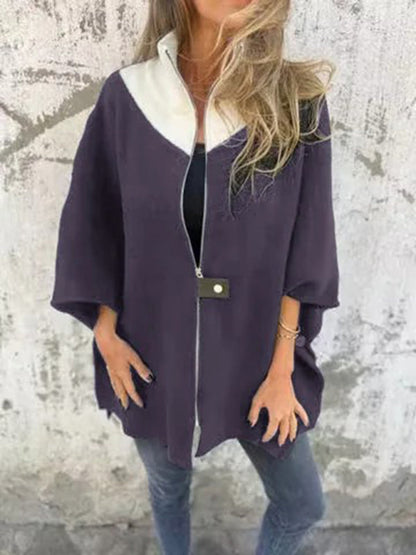 Women Jackets- Kimono Sleeve Fleece Cape Zip-Up Jacket- Purple- IndioGear Women Clothing