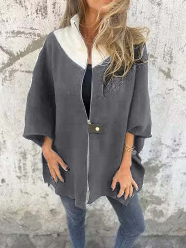 Women Jackets- Kimono Sleeve Fleece Cape Zip-Up Jacket- Grey- IndioGear Women Clothing