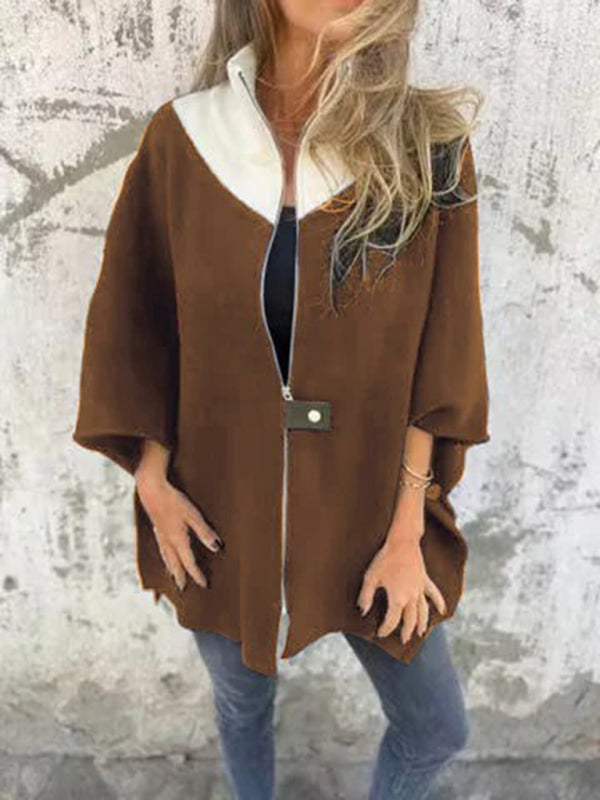 Women Jackets- Kimono Sleeve Fleece Cape Zip-Up Jacket- Dark Brown- IndioGear Women Clothing