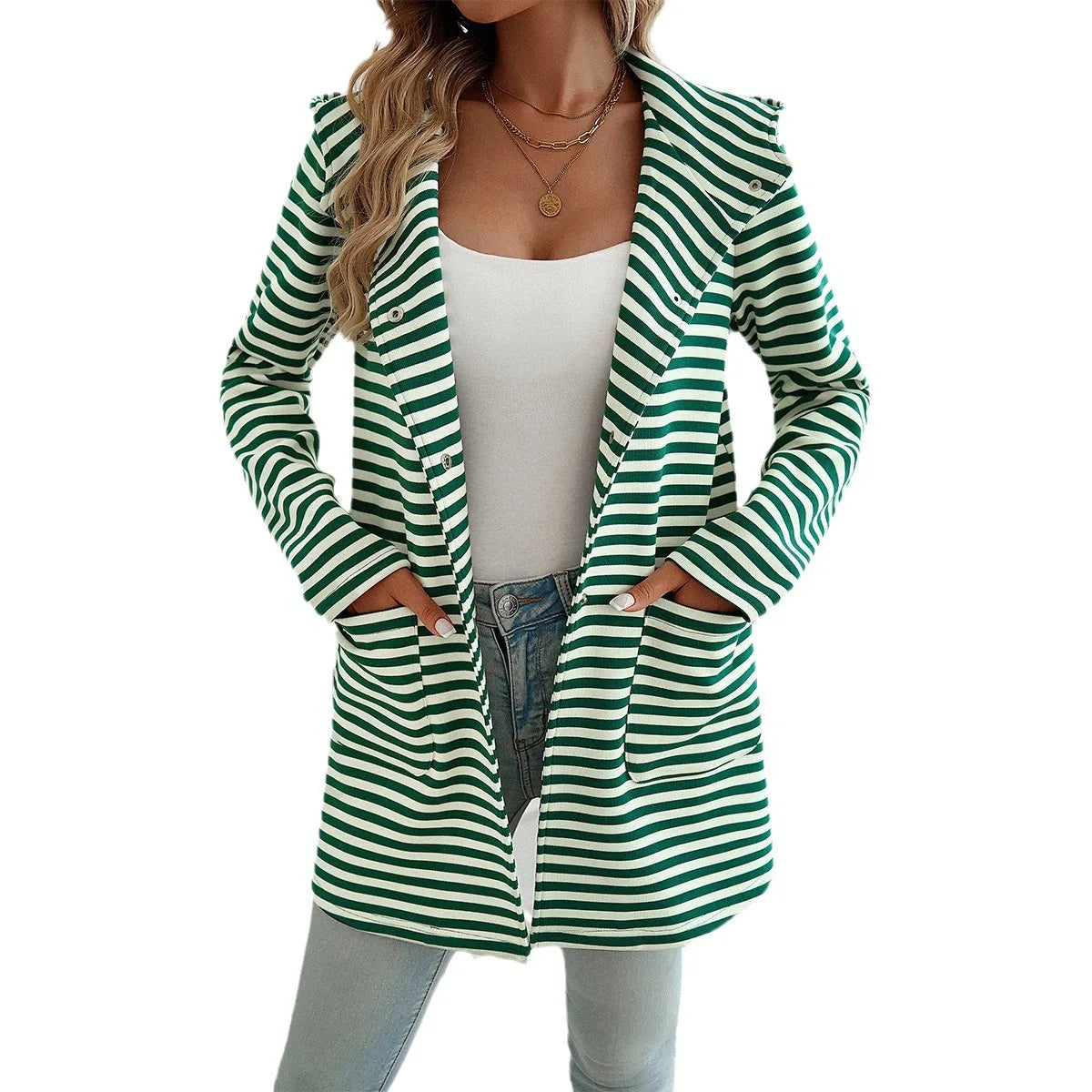 Women Raincoats- Long Sleeve Hooded Bi-color Striped Raincoat- - IndioGear.com