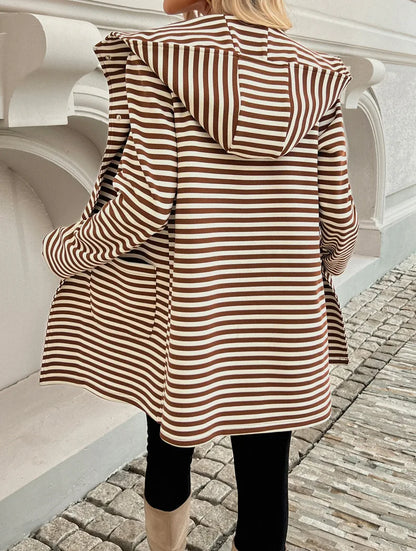 Women Raincoats- Long Sleeve Hooded Bi-color Striped Raincoat- - IndioGear.com