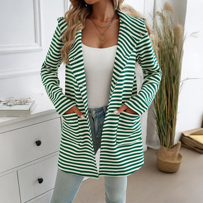 Women Raincoats- Long Sleeve Hooded Bi-color Striped Raincoat- Green- IndioGear.com