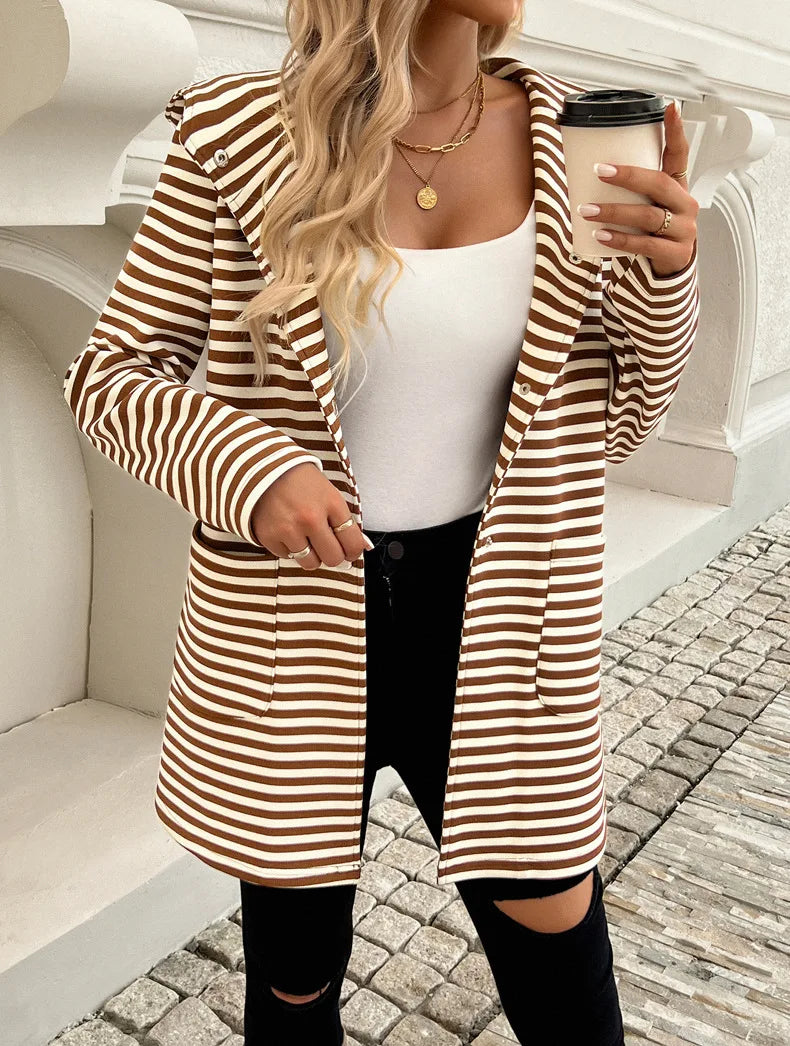 Women Raincoats- Long Sleeve Hooded Bi-color Striped Raincoat- - IndioGear.com