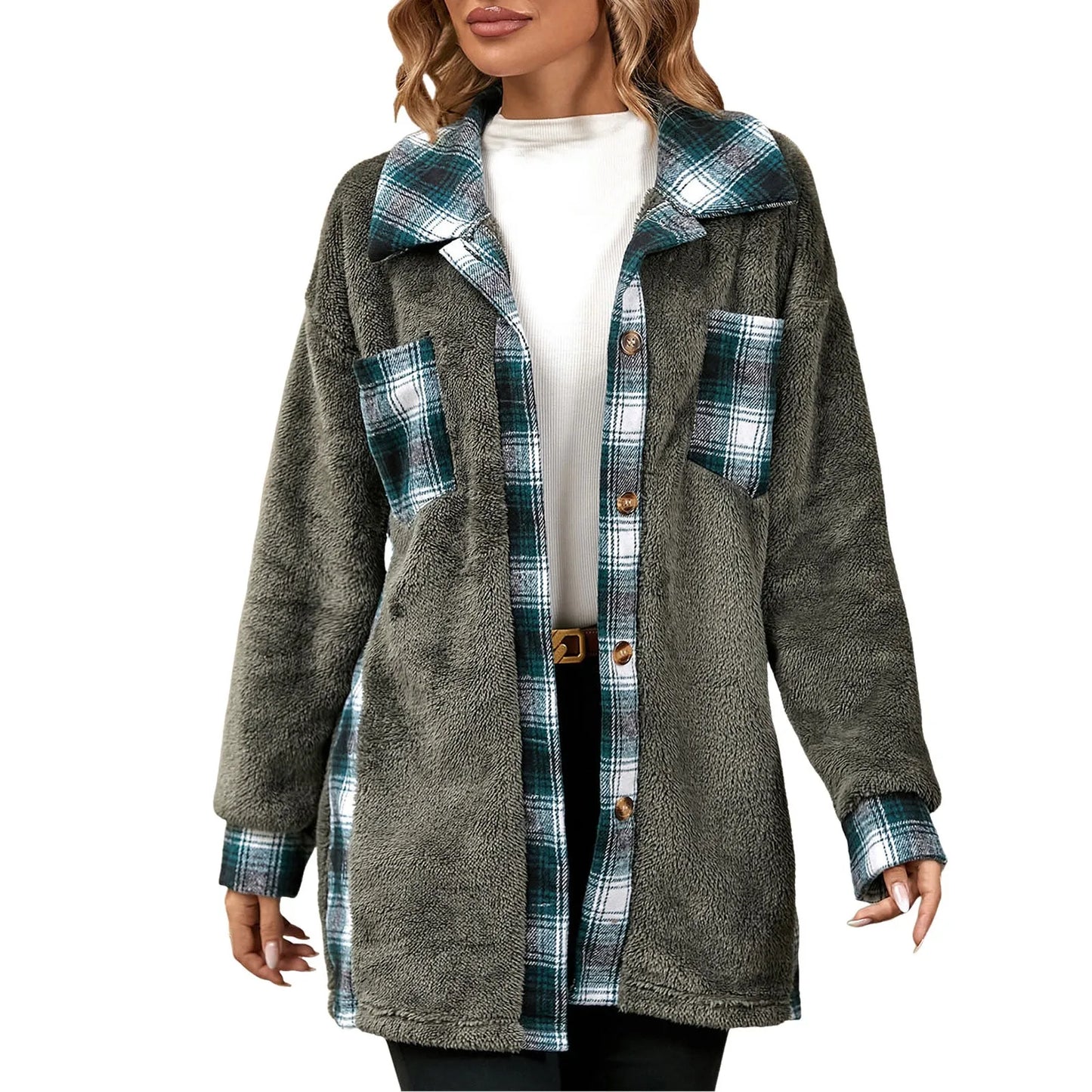 Women Shackets- Autumn Whisper Plaid Teddy Coat- - IndioGear.com