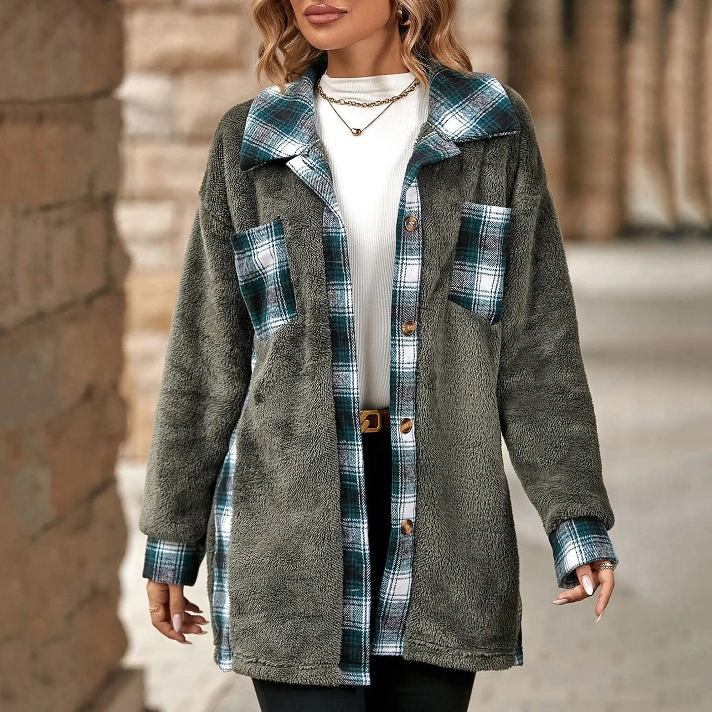 Women Shackets- Autumn Whisper Plaid Teddy Coat- Grey- IndioGear.com