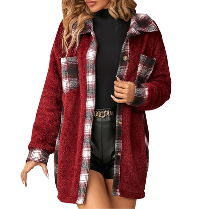 Women Shackets- Autumn Whisper Plaid Teddy Coat- - IndioGear.com