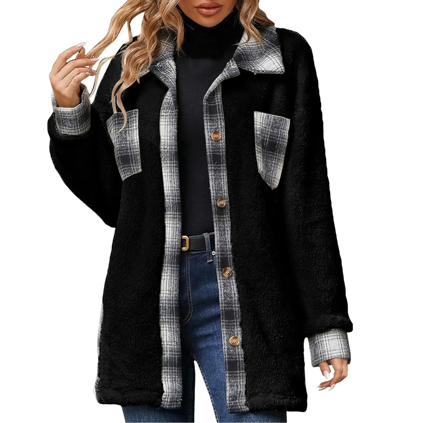 Women Shackets- Autumn Whisper Plaid Teddy Coat- - IndioGear.com