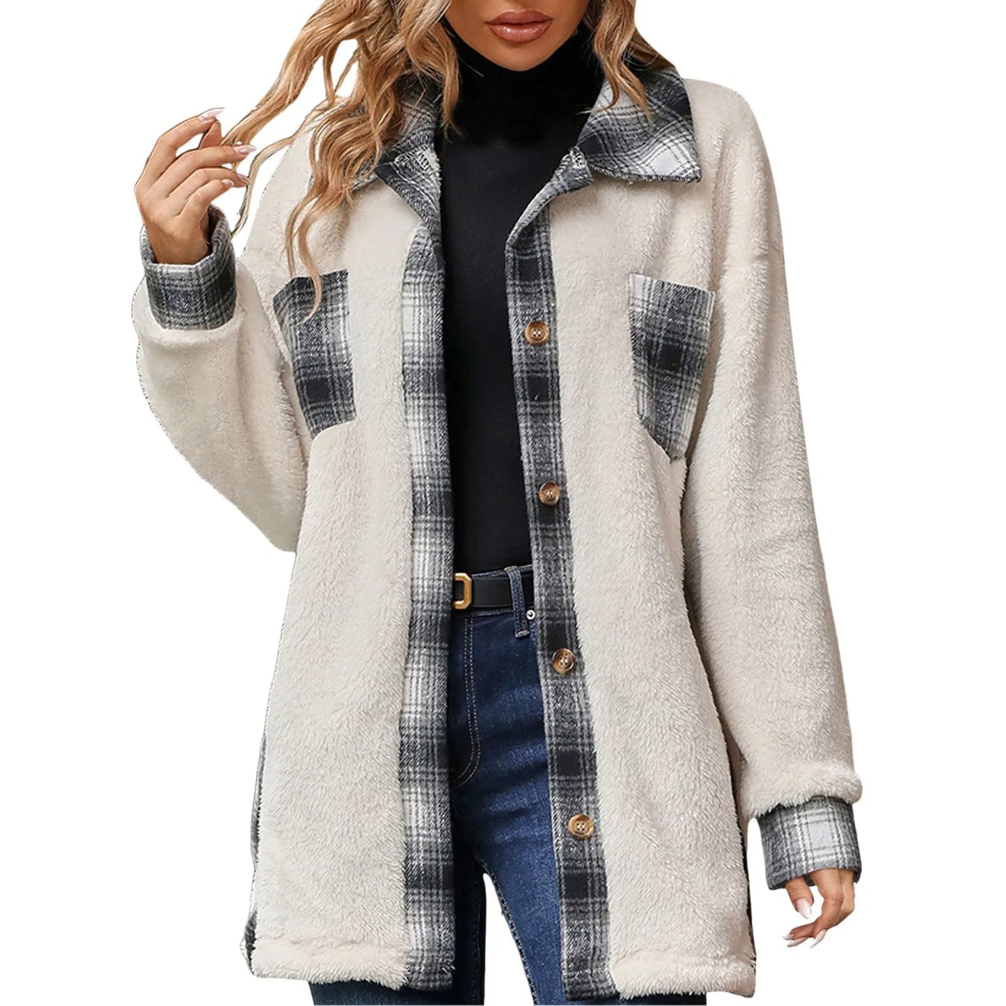 Women Shackets- Autumn Whisper Plaid Teddy Coat- - IndioGear.com