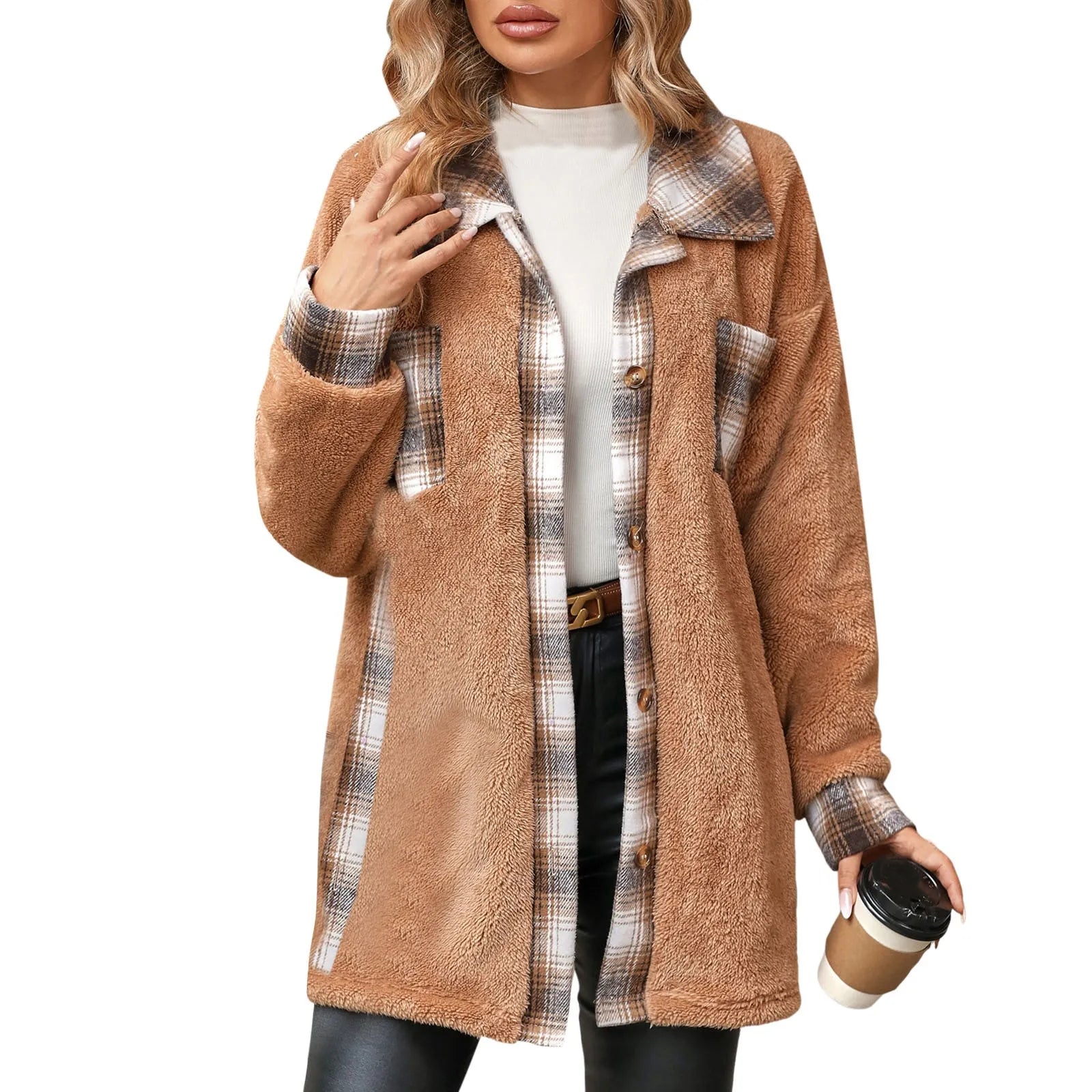 Women Shackets- Autumn Whisper Plaid Teddy Coat- - IndioGear.com