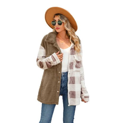 Women Shackets- Button-Up Plush and Plaid Shacket- Camel color- IndioGear.com