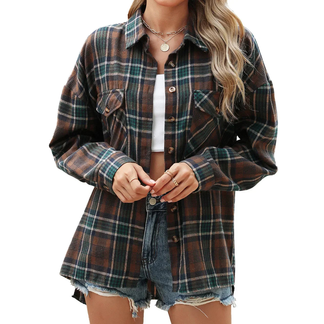 Women Shackets- Laid-back Layers Plaid Shacket- Coffee- IndioGear.com