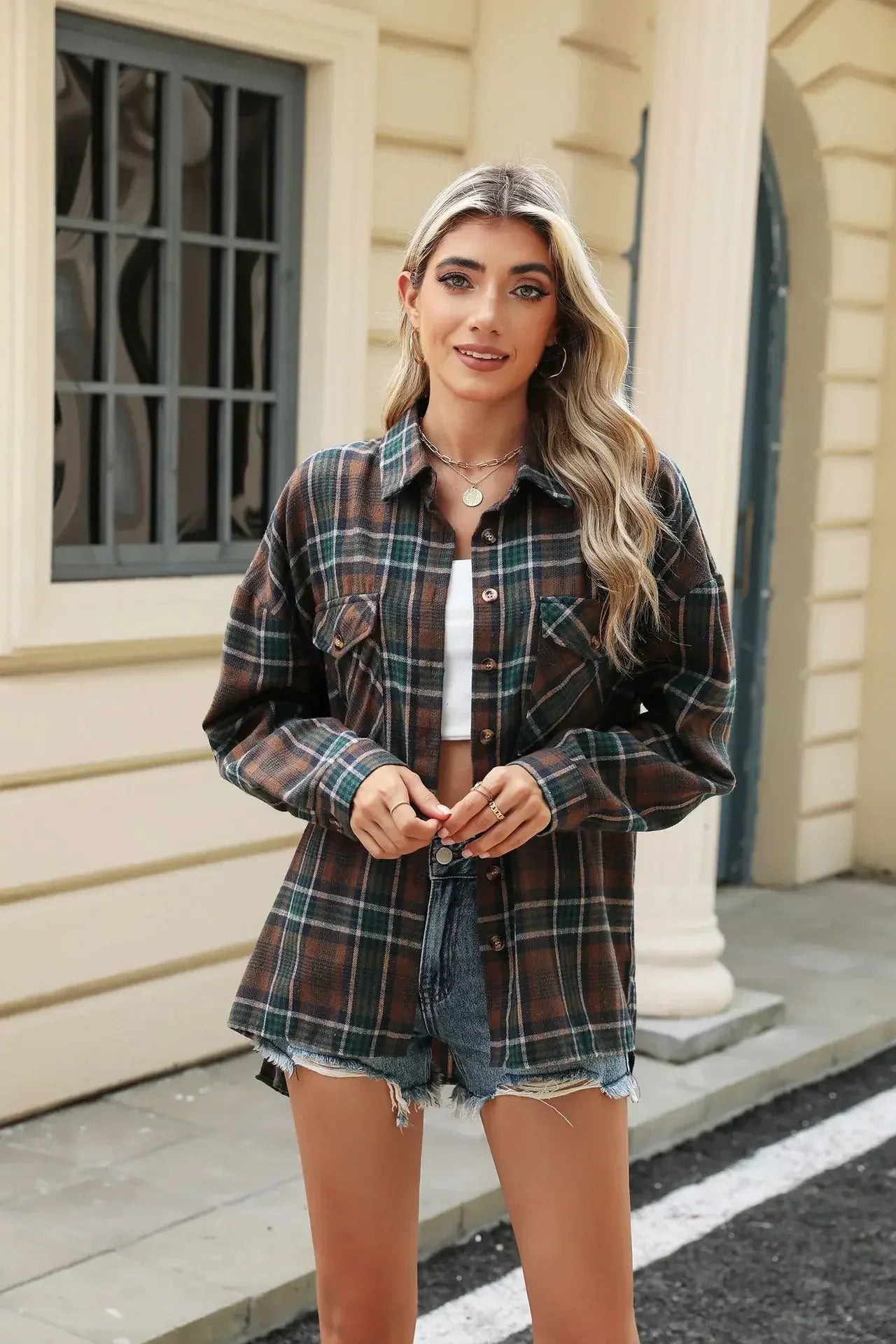 Women Shackets- Laid-back Layers Plaid Shacket- - IndioGear.com