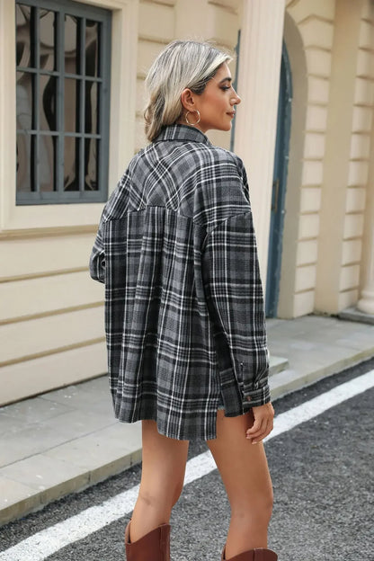 Women Shackets- Laid-back Layers Plaid Shacket- - IndioGear.com