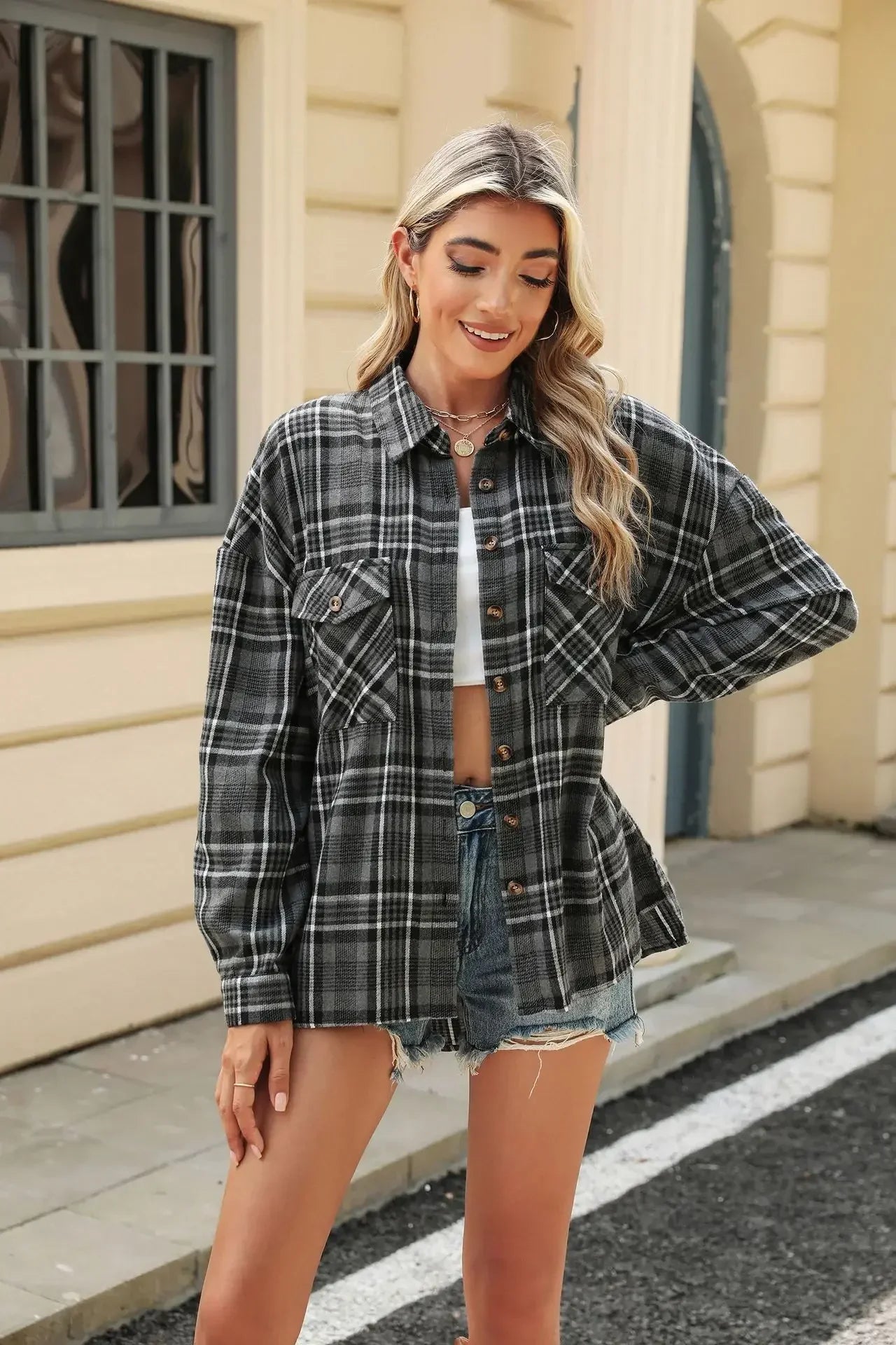 Women Shackets- Laid-back Layers Plaid Shacket- - IndioGear.com