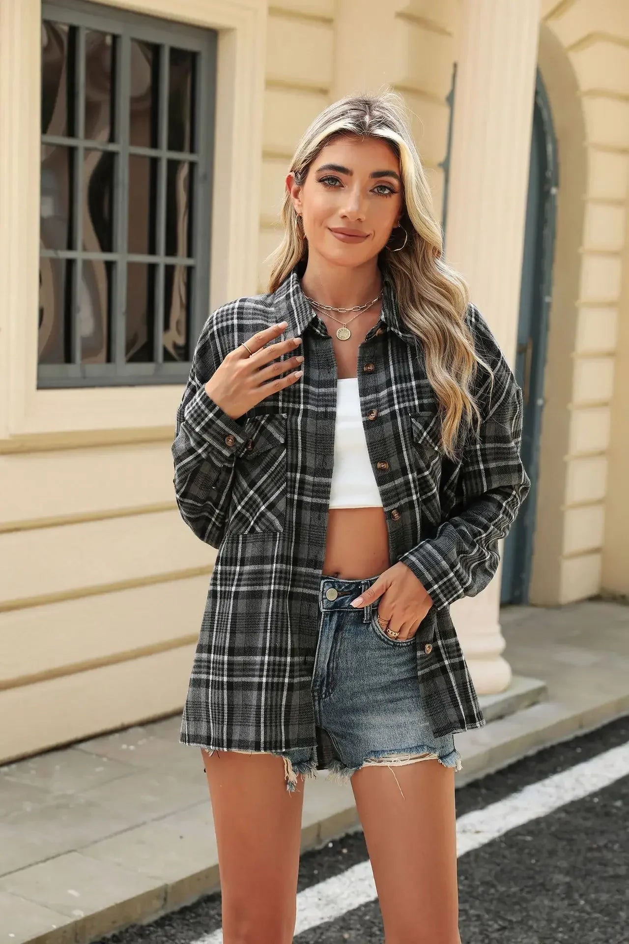 Women Shackets- Laid-back Layers Plaid Shacket- - IndioGear.com