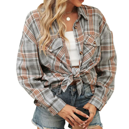 Women Shackets- Laid-back Layers Plaid Shacket- Light gray- IndioGear.com