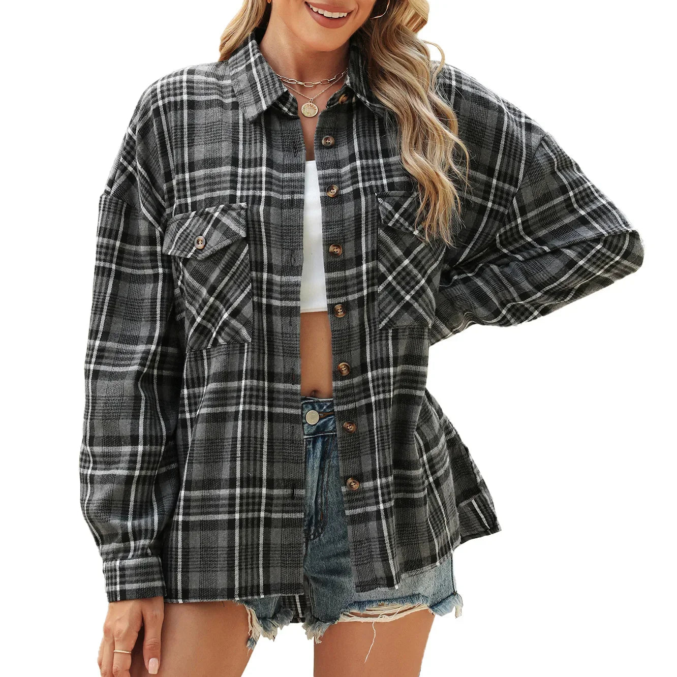 Women Shackets- Laid-back Layers Plaid Shacket- Black- IndioGear.com